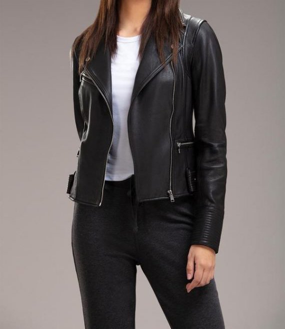 Mona Black Leather Jacket with Multi Stiches for Sale