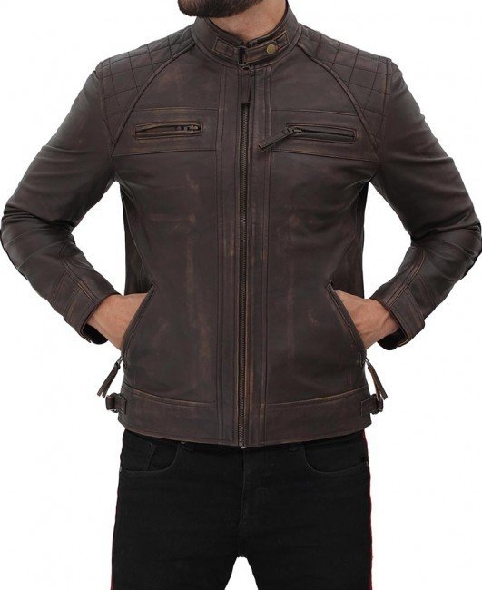 Claude Quilted Distressed Brown Leather Jacket