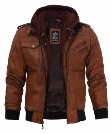 Brown Leather Bomber Jacket With Hood