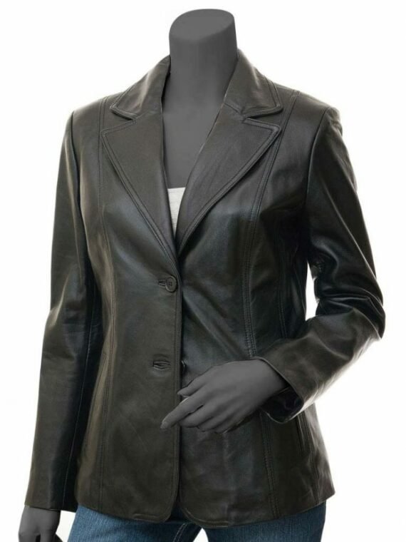Womens Black Lambskin Leather Blazer Jacket