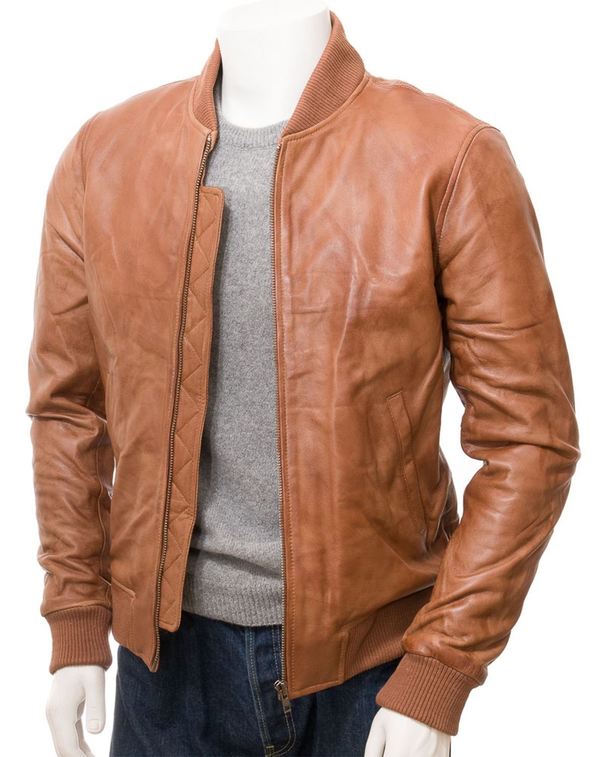 Ribbed Cuffs Tan Brown Bomber Leather Jacket for Men