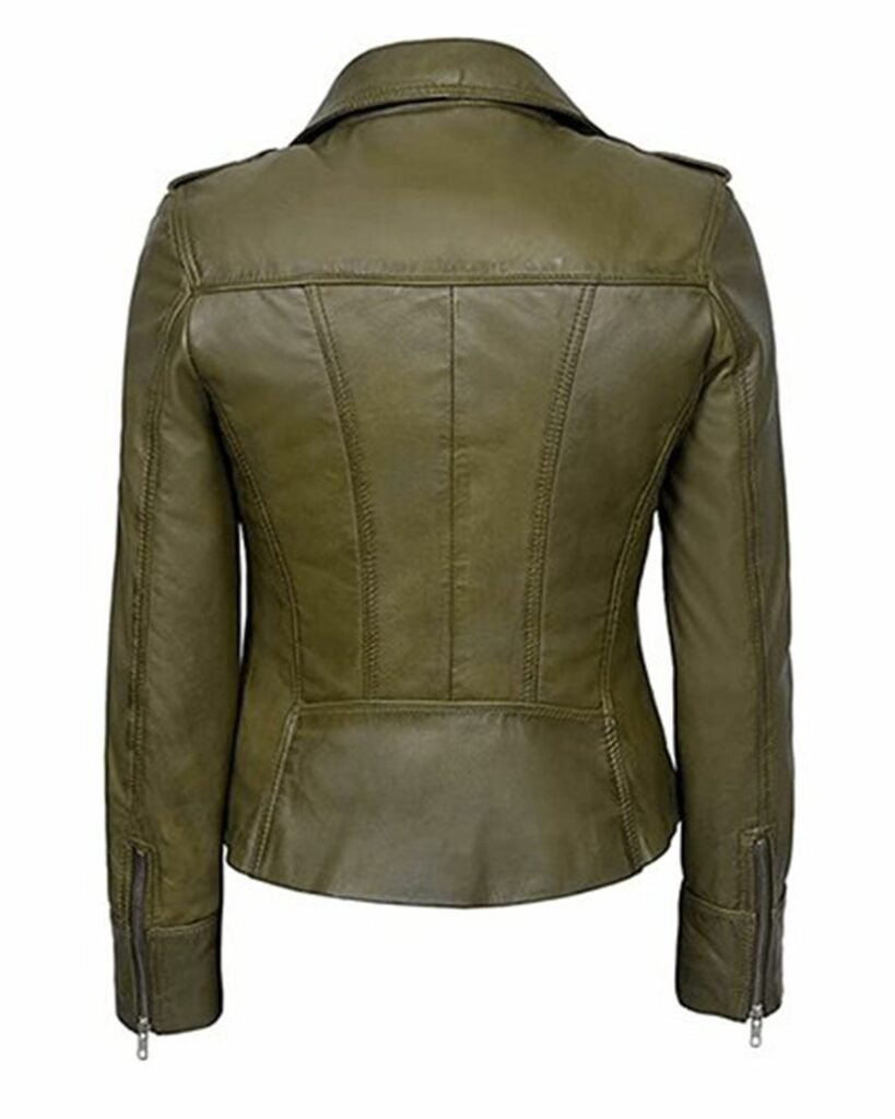 Classic Olive Green Biker Leather Jacket for Women