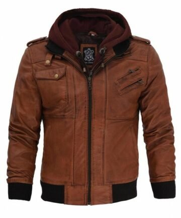 Brown Leather Bomber Jacket With Hood