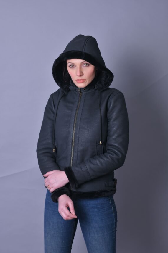 B3 Bomber Hooded Classic Black Shearling Leather Jacket for Women