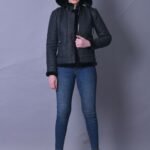 B3 Bomber Hooded Classic Black Shearling Leather Jacket for Women