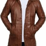 Distressed Brown Long Leather Car Coat for Men for Sale