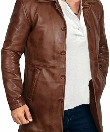 Distressed Brown Long Leather Car Coat for Men