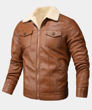 Mens Leather Zip Front Lapel Collar Thick Jackets With Flap Pockets