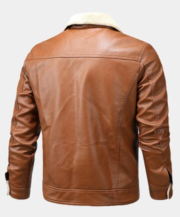 Mens Leather Zip Front Lapel Collar Thick Jackets With Flap Pockets