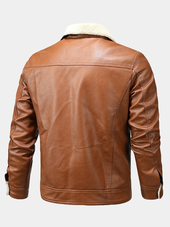 Mens Leather Zip Front Lapel Collar Thick Jackets With Flap Pockets