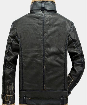 Zip Front Patched Sherpa Lined Thicken Biker Jacket With Pocket for Men