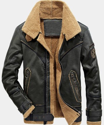 Mens Zip Front Patched Sherpa Lined Thicken Biker Jacket With Pocket