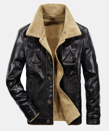 Mens Winter Casual Business Thicken Fleece Lining Warm Leather Jacket