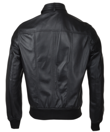 Black Leather Biker Style Bomber Jacket for Men