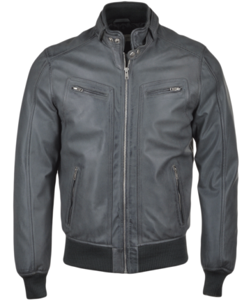 Leather Biker Style Bomber Jacket Gray