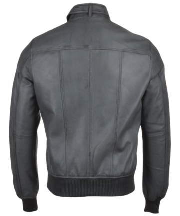 Gray Leather Biker Style Bomber Jacket for Sale