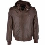 Mid Brown Leather Hooded Bomber Jacket for Sale