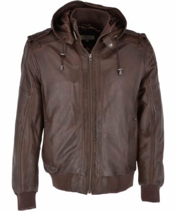 Mid Brown Leather Hooded Bomber Jacket for Sale