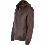 Mid Brown Leather Hooded Bomber Jacket for Men