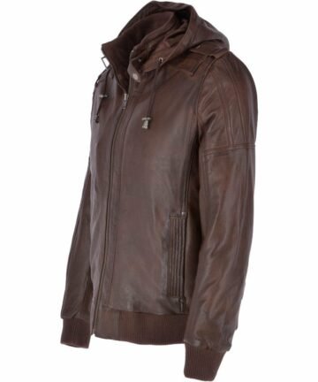 Mid Brown Leather Hooded Bomber Jacket for Men