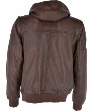 Brown Leather Hooded Bomber Jacket Mid