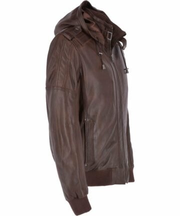 Leather Hooded Bomber Jacket Mid Brown