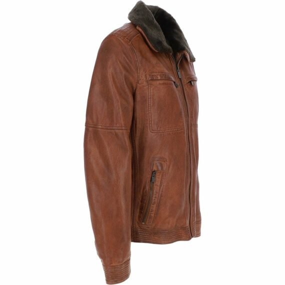 Leather Jacket With Detachable Collar Cognac for Sale