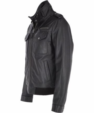 Black Leather Pilot Bomber Jacket for Men