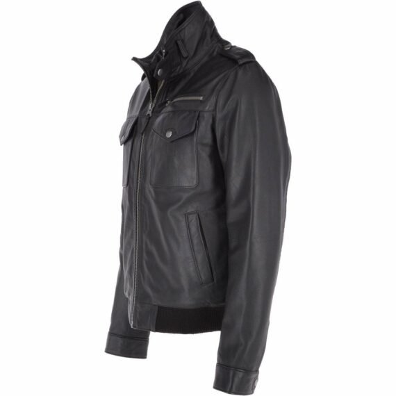 Black Leather Pilot Bomber Jacket for Men