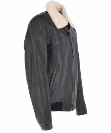 Black Leather Pilot Jacket With Detachable Fur Collar