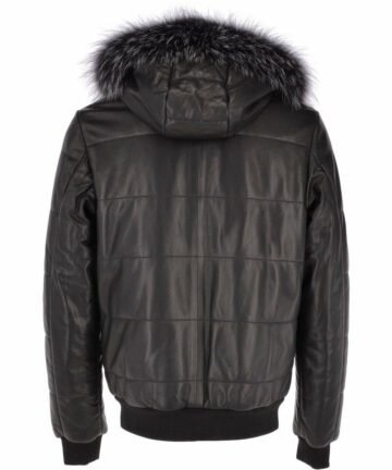 Black Leather Hooded Bomber Jacket for Sale