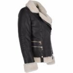 Side Zip Biker Leather Jacket with Sheepskin Collar and Cuffs Black for Women