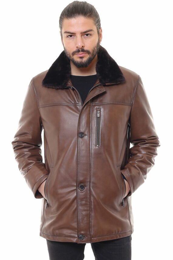 Brown Leather Jacket with brown fur collar