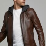Coffee Brown Hooded Biker Leather Jacket